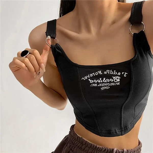 Women's Irregular Crop Top Y2k Summer Buckle Vest Embroidery with Bra Pad